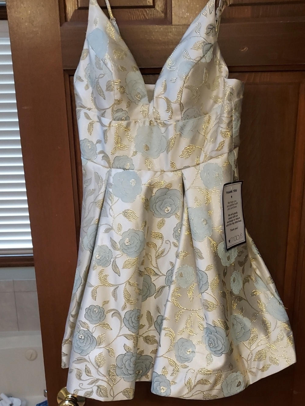 B Darlin White and Light Blue Floral Party Dress with Gold Accents,